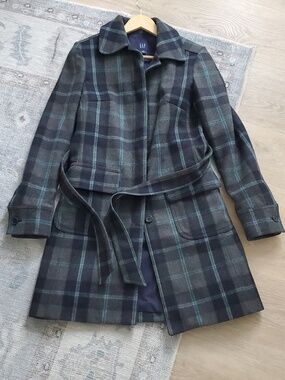 Gap Plaid Wool Blend Long Coat Winter Trench Jacket SzS